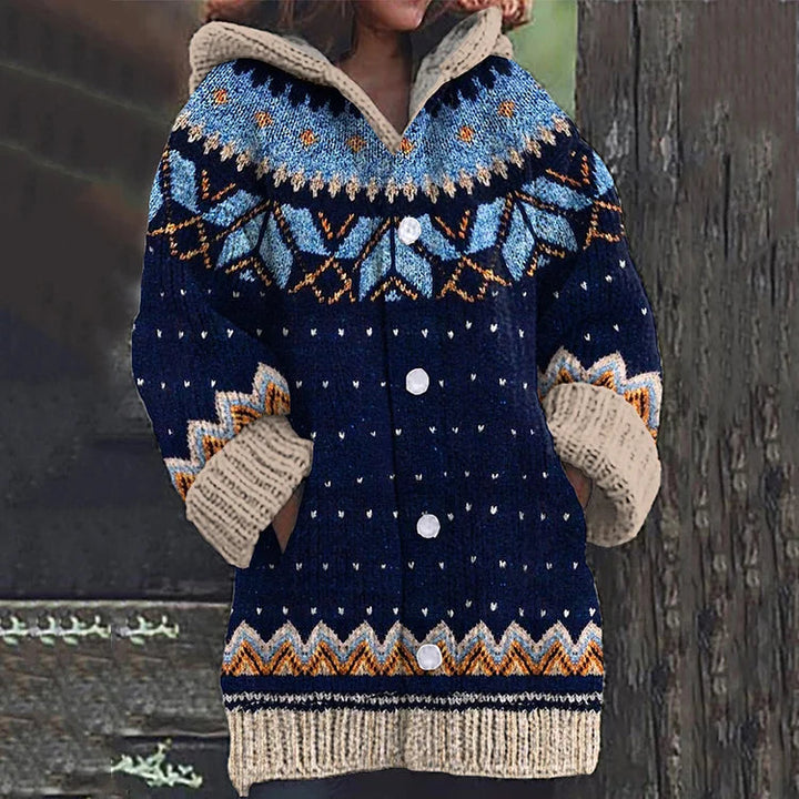 Women's multicoloured Nordic patterned hooded knit cardigan with buttons and front pockets
