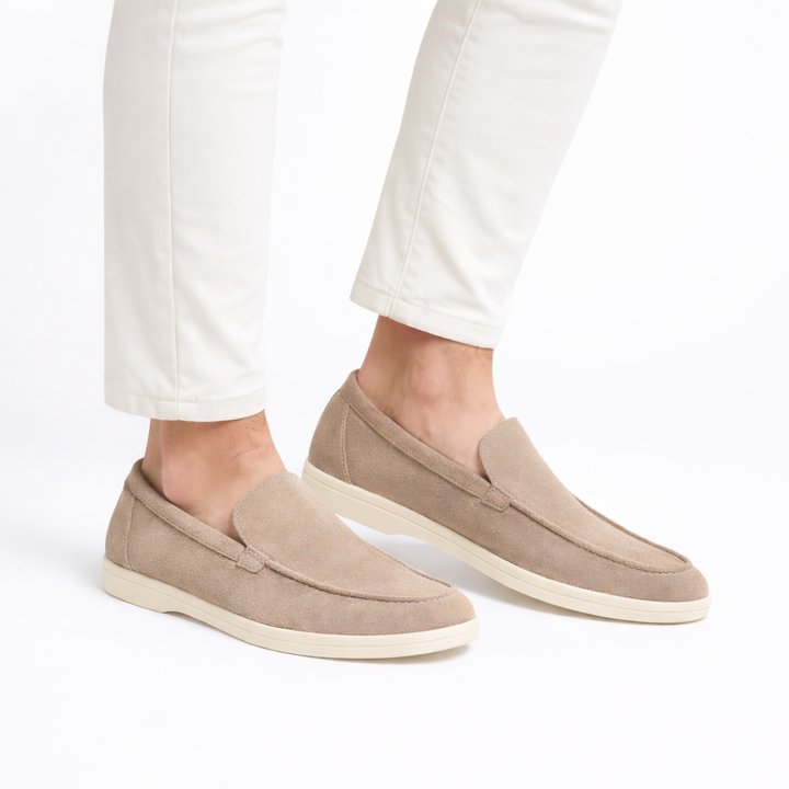 Como suede slip-on loafer in burgundy and beige with cream sole