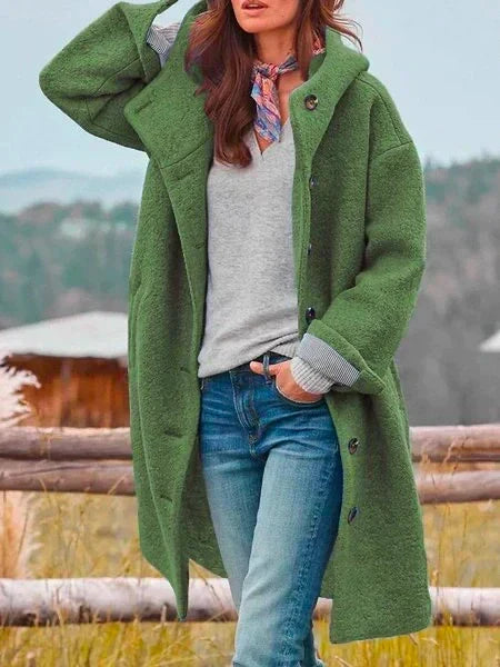 Women's long hooded coat with button front and side pockets