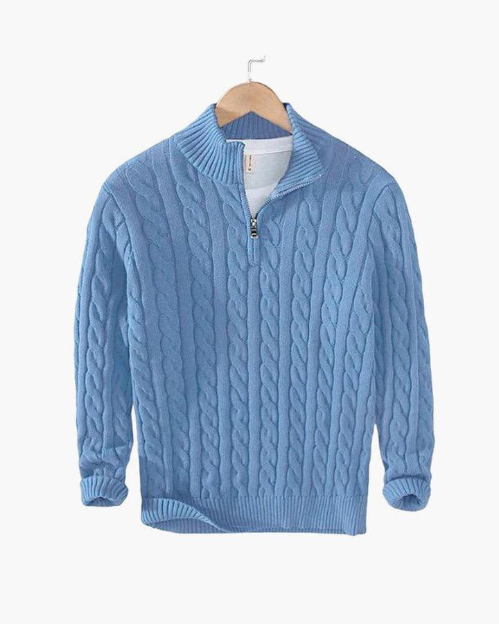 Men's cable knit quarter zip sweater with stand collar