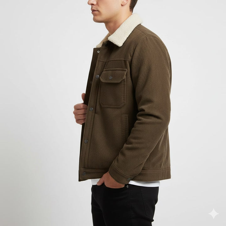 Men's corduroy jacket with textured collar, snap fastening and flap pockets