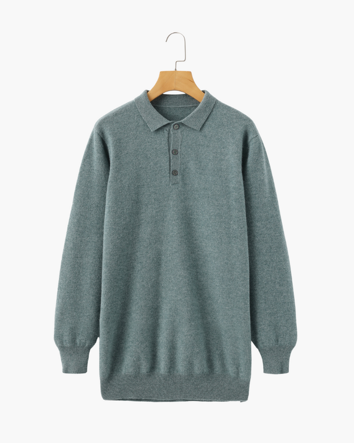 Long sleeve polo sweater with collar and three-button placket