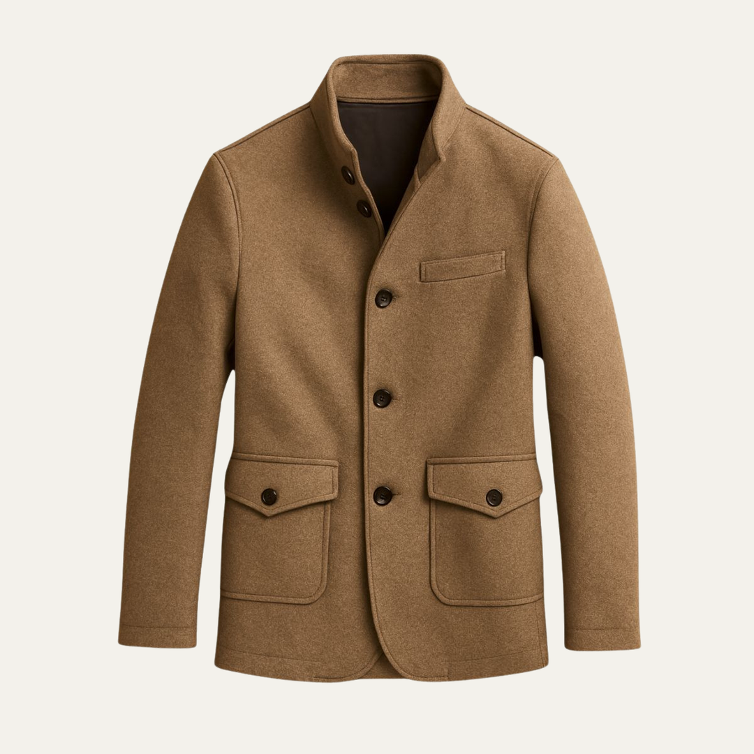 Men's tailored button overcoat with stand collar and flap pockets