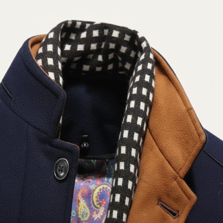 Men's structured stand collar trench coat with button front and long sleeves