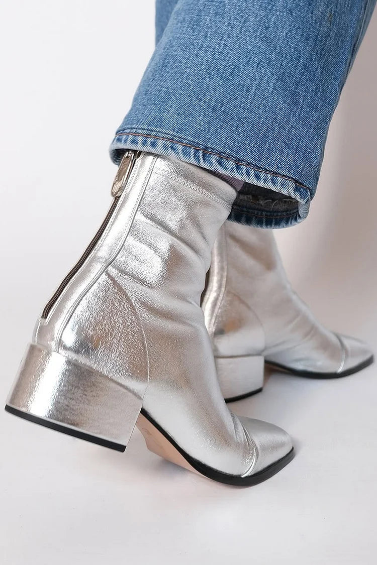 Women's silver metallic square toe ankle boots with low block heel