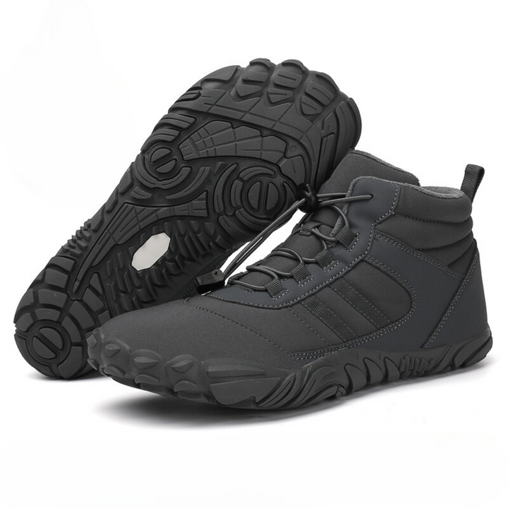 High-top lace-up barefoot boots with rounded toes and textured flat soles