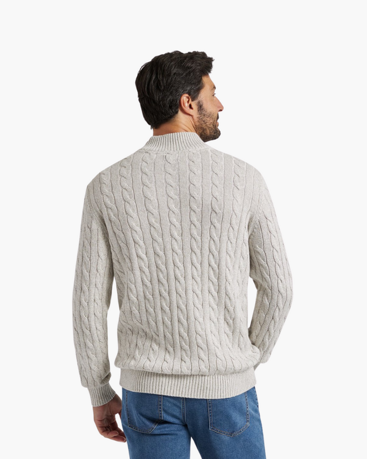 Men's cable knit half-zip sweater with stand collar