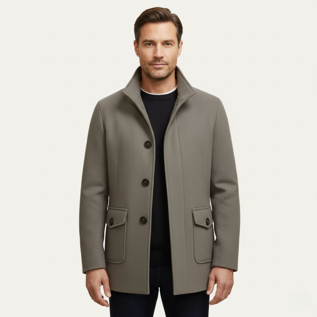 Men's tailored button overcoat with stand collar and flap pockets