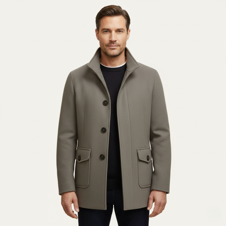 Men's tailored button overcoat with stand collar and flap pockets