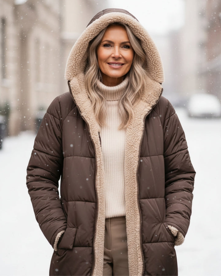 Women's long quilted hooded coat with contrasting textured lining