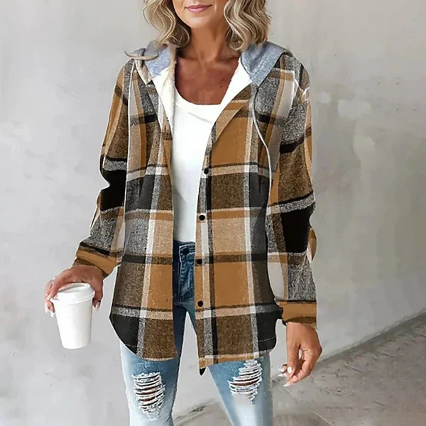 Women's green and cream plaid flannel jacket with drawstring hood and button front