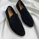 Women's plain suede loafers with almond toes and flat contrasting soles