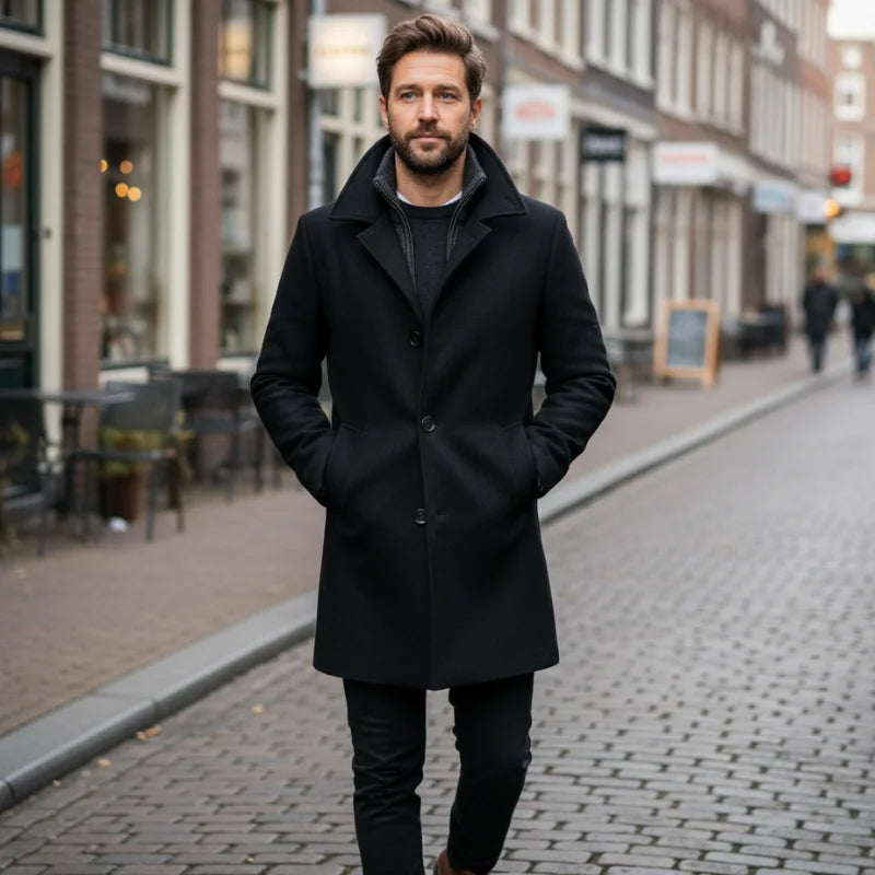 Men's long two-piece coat with stand collar, lapels, pockets and long sleeves
