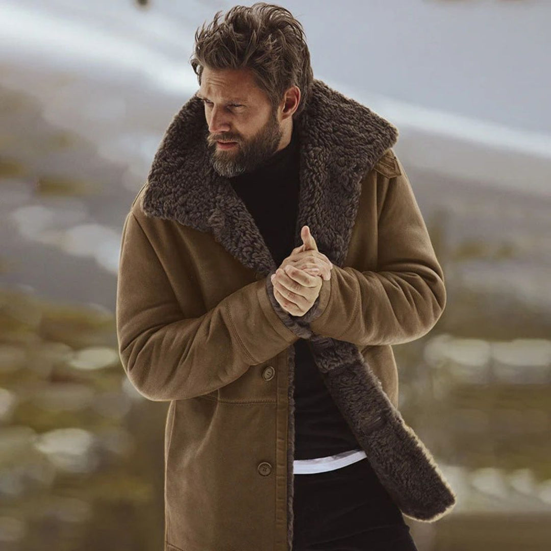 Men's mid-thigh coat with wide textured collar and button front