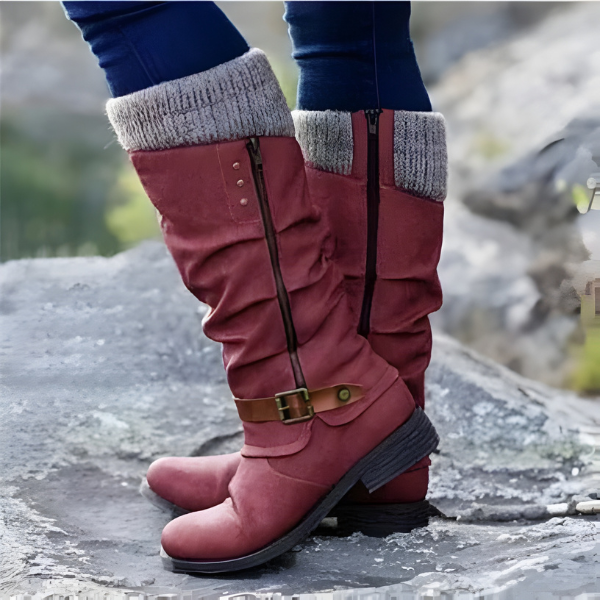 Women's slouch knee-high boots with ribbed cuffs, side zips and buckle straps