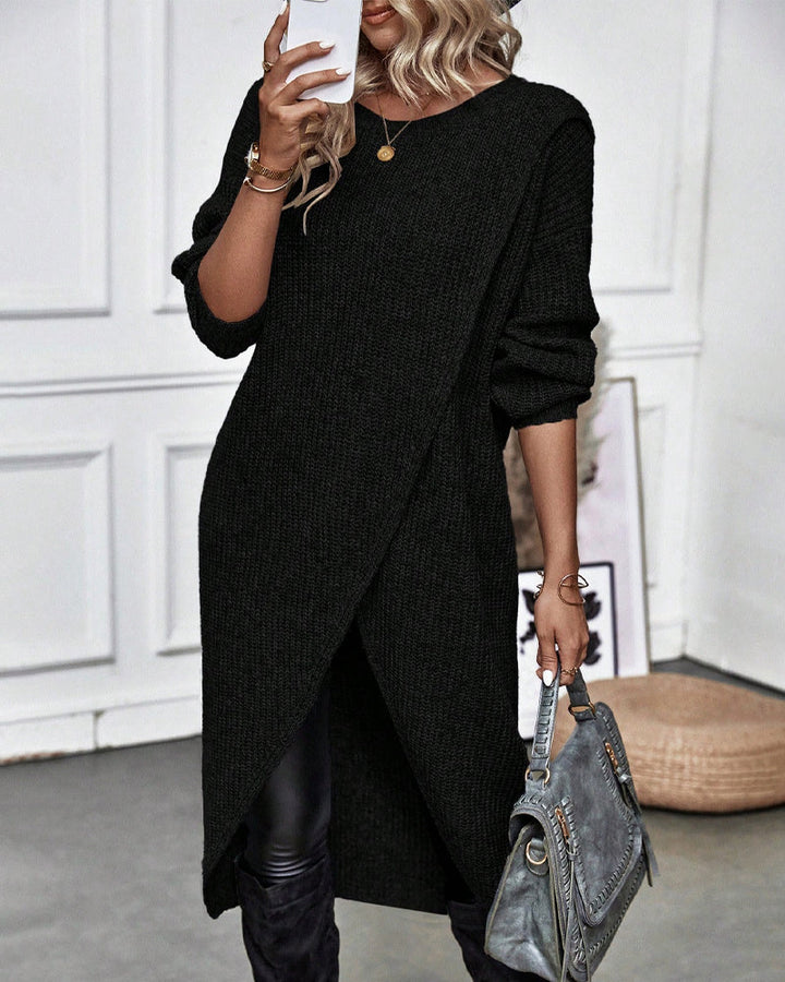 Women's knitted sweater dress with round neck, long sleeves and asymmetric hem
