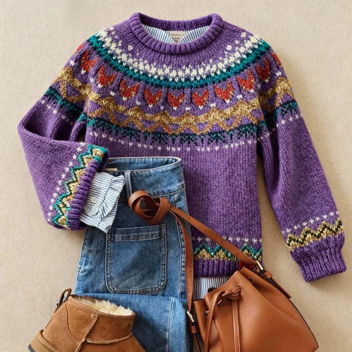 Women's purple knitted jumper with multicoloured geometric pattern and long sleeves