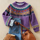 Women's purple knitted jumper with multicoloured geometric pattern and long sleeves