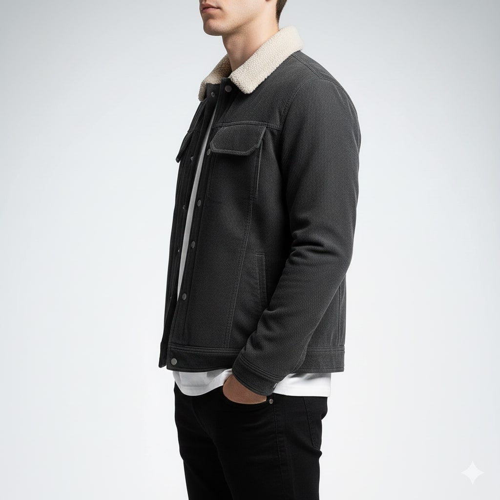 Men's corduroy jacket with textured collar, snap fastening and flap pockets
