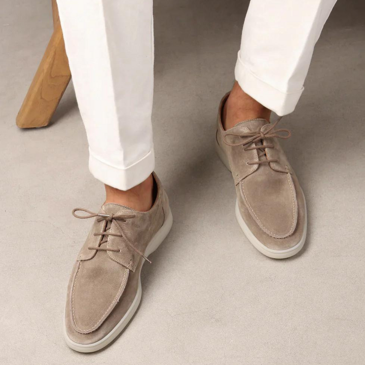 Men's black and beige suede loafer with lace-up front and crepe sole