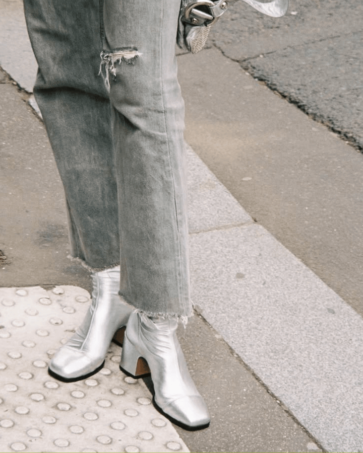 Women's silver metallic square toe ankle boots with low block heel