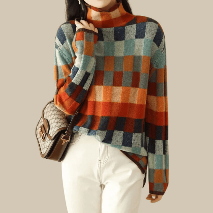 Women's multicoloured checkered patchwork turtleneck jumper with long sleeves