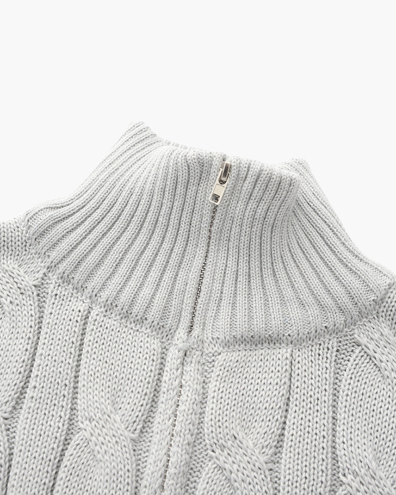 Men's cable knit half-zip sweater with stand collar