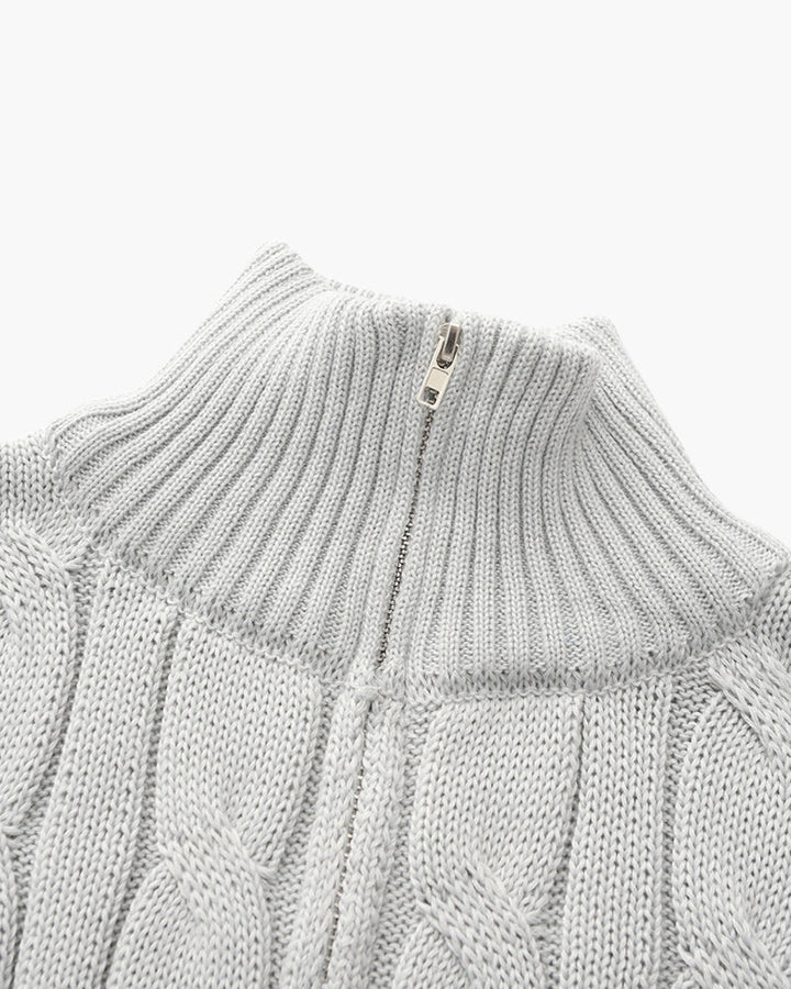 Men's cable knit half-zip sweater with stand collar