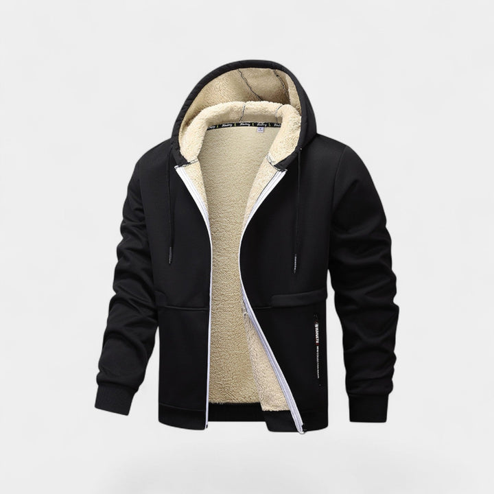 Men's hooded zip jacket with contrast sherpa-style lining and front pockets