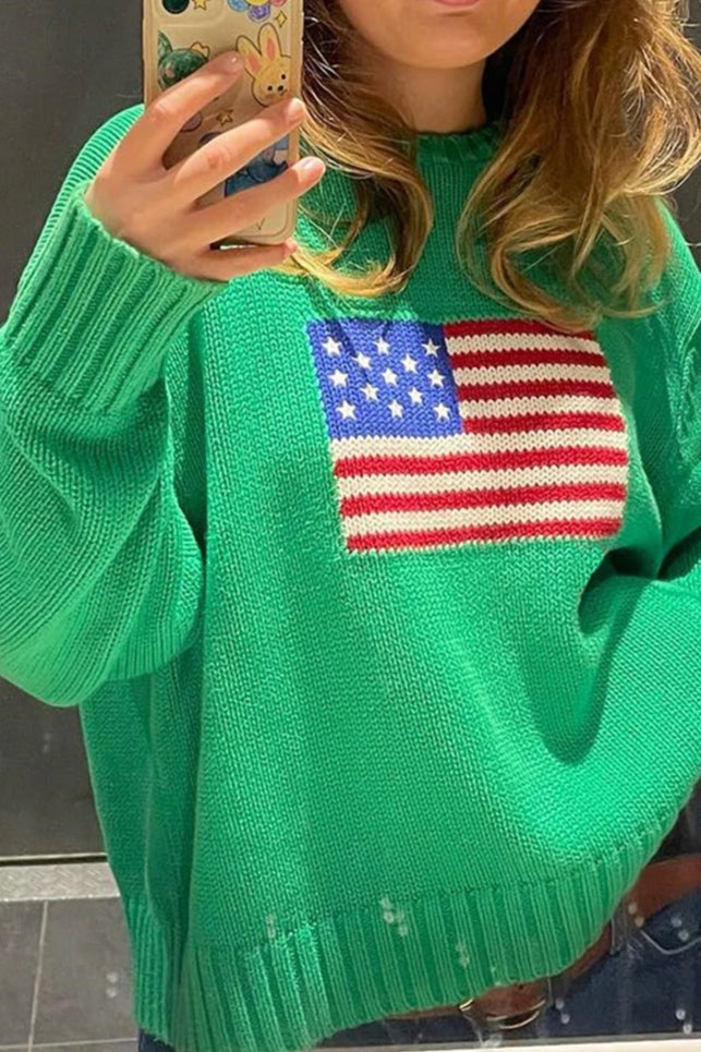 Women's high neck knitted jumper with a flag motif and long sleeves