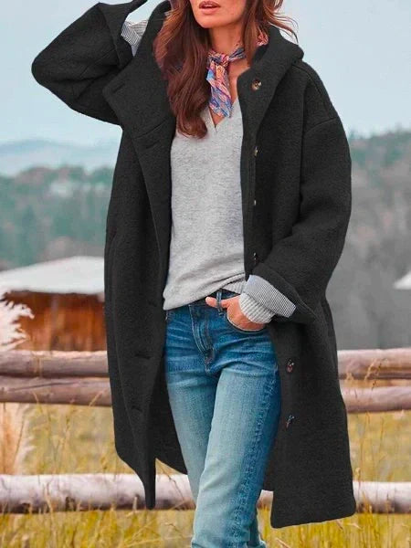 Women's long hooded coat with button front and side pockets
