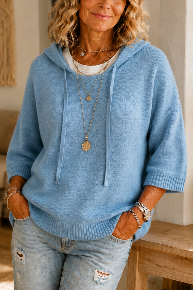 Women's hooded knit hoodie with drawstrings, 3/4 sleeves and ribbed trims