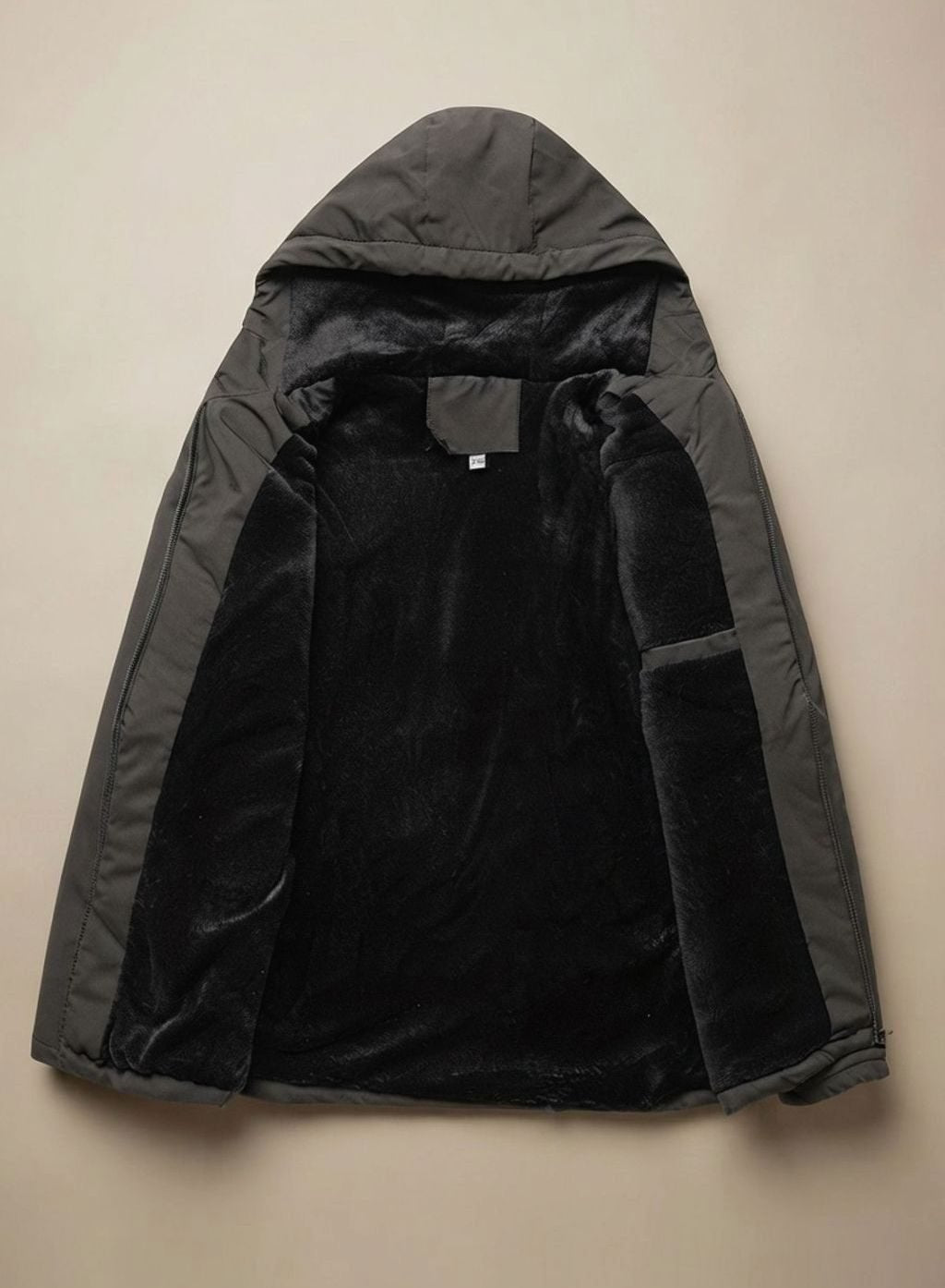 Men's hooded long-sleeve winter jacket with zip front and multiple pockets