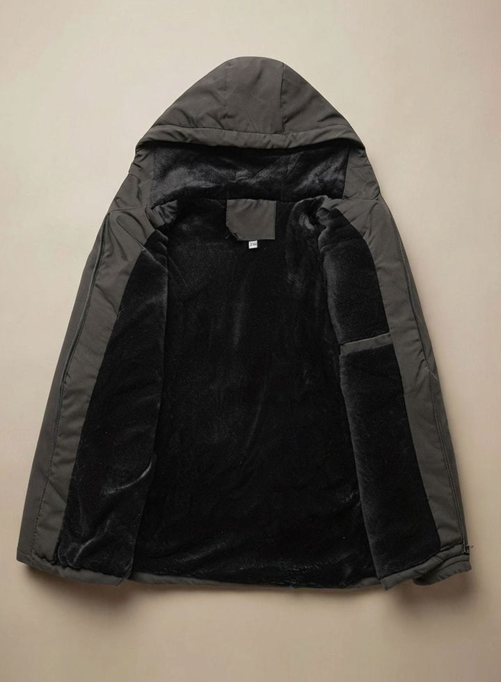 Men's hooded long-sleeve winter jacket with zip front and multiple pockets