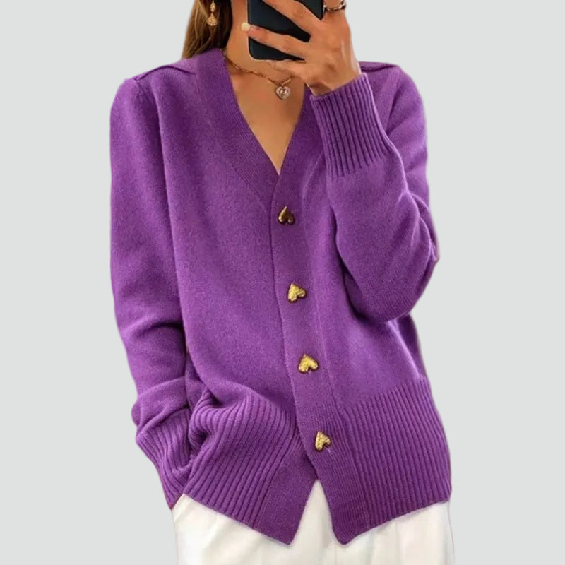 Women's V-neck knitted cardigan with heart-shaped buttons and ribbed trims