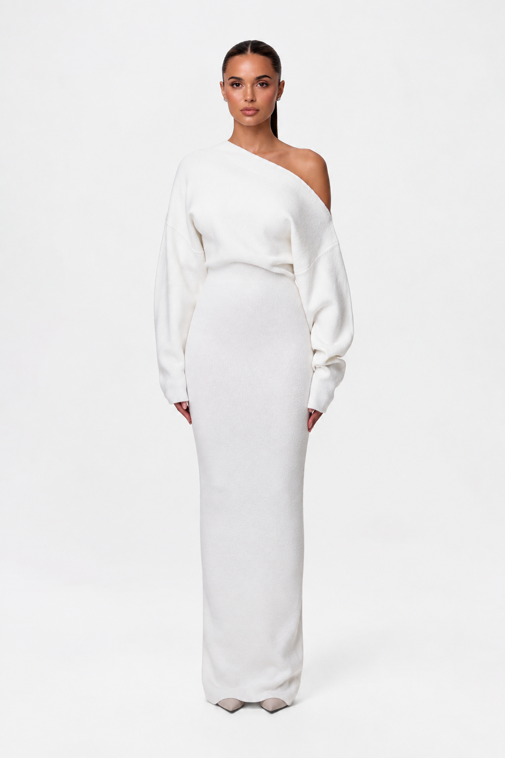 Women's asymmetric knit maxi dress with long sleeves and floor-length skirt