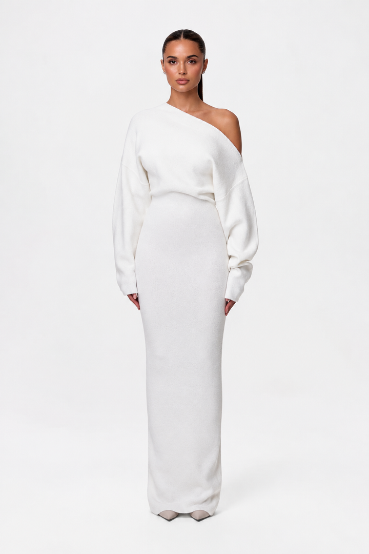 Women's asymmetric knit maxi dress with long sleeves and floor-length skirt