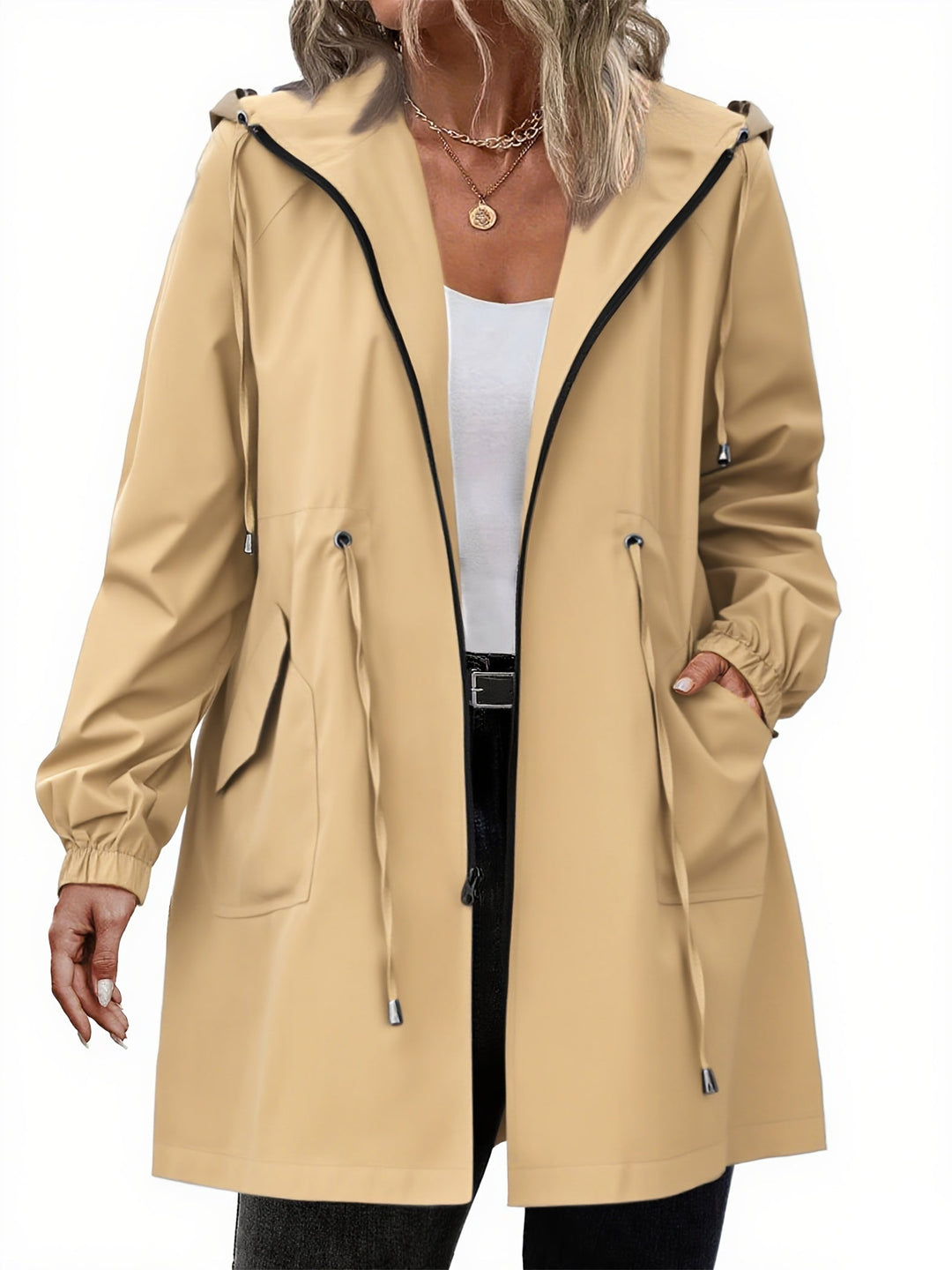 Women's long hooded raincoat with zip front, drawstring waist and front pockets