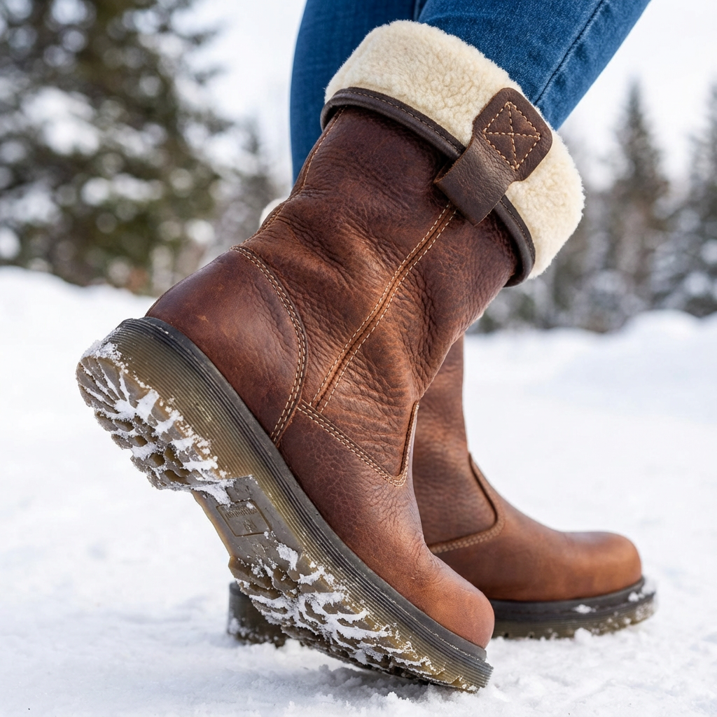 Women's brown winter ankle boots with fur cuff and lug sole