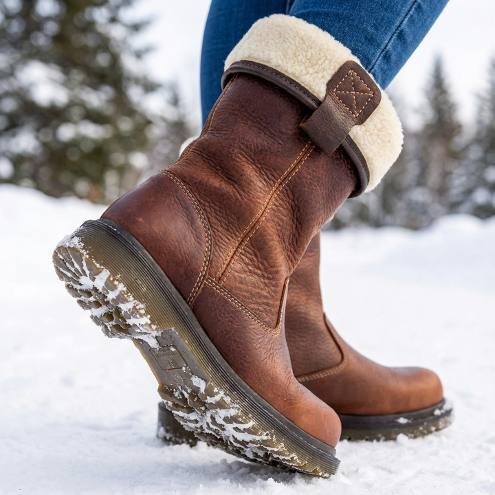 Women's brown winter ankle boots with fur cuff and lug sole