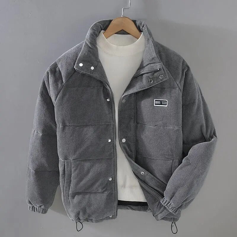 Men's ribbed corduroy padded jacket with high collar and front pockets