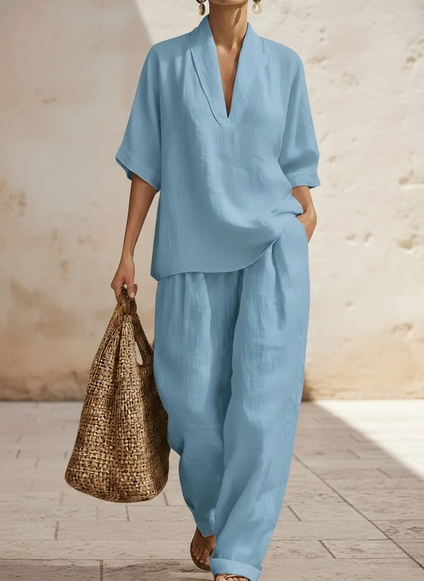 Women's two-piece V-neck linen set
