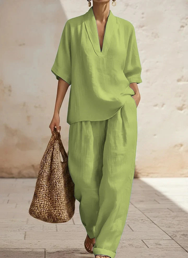 Women's two-piece V-neck linen set