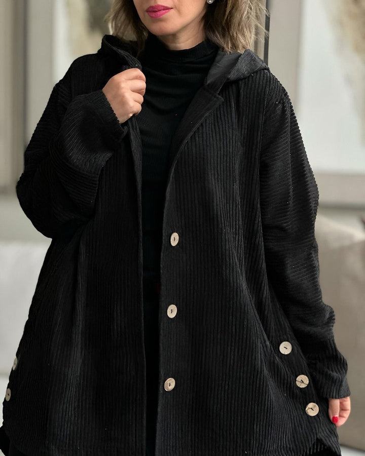 Women's ribbed hooded jacket with button front