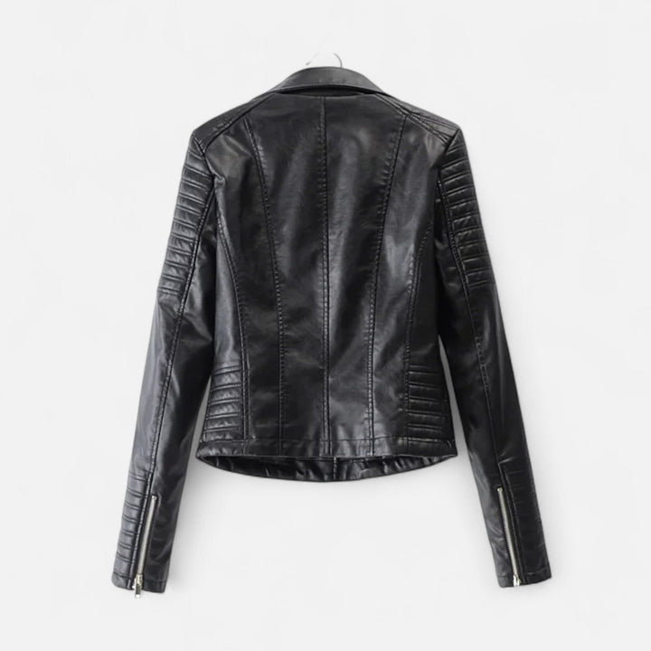Women's black biker jacket with asymmetric zip and quilted sleeves