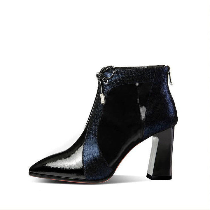 Women's pointed-toe ankle boots with glossy panels and high block heels