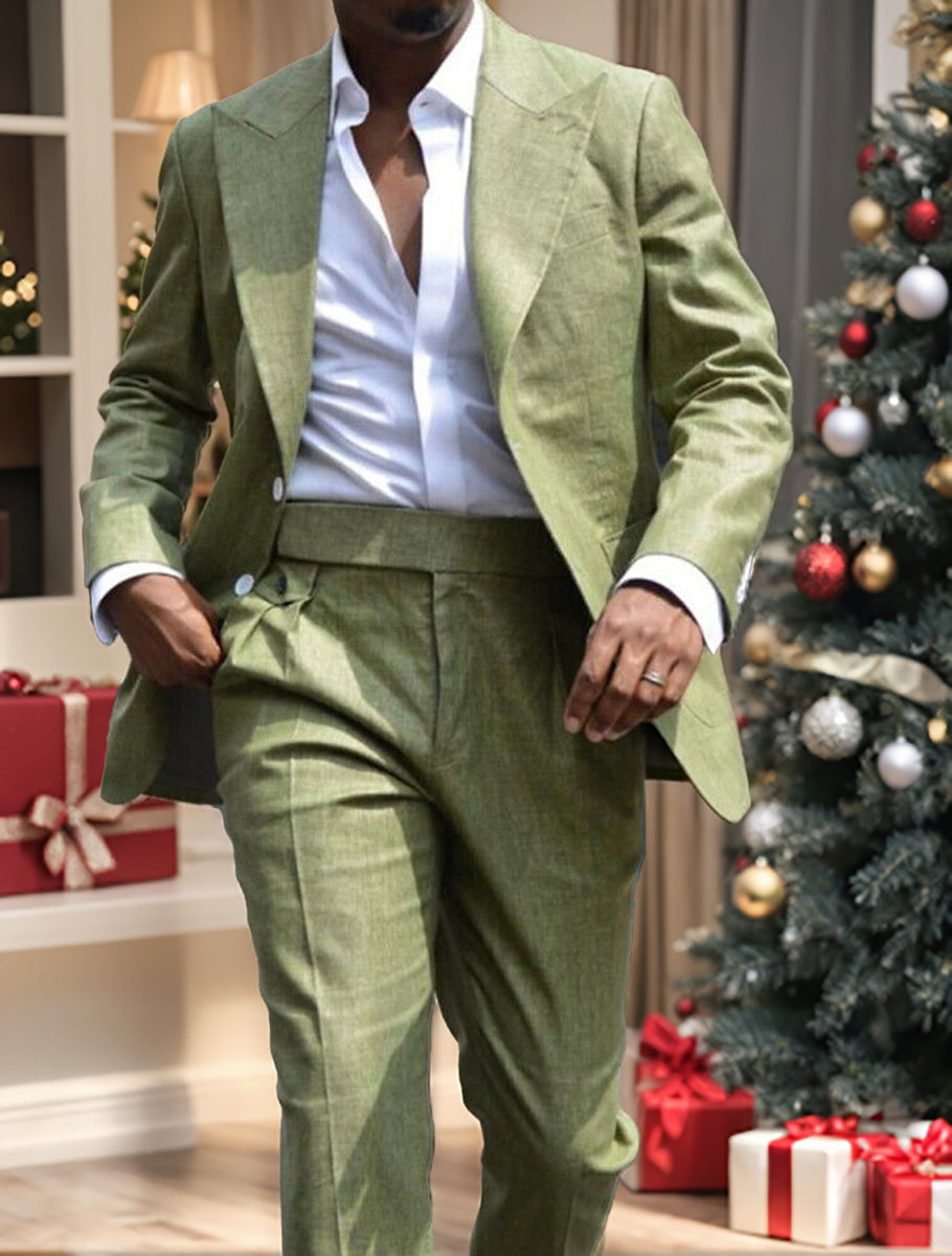 Men's tailored single breasted suit in olive green and navy blue with white shirt