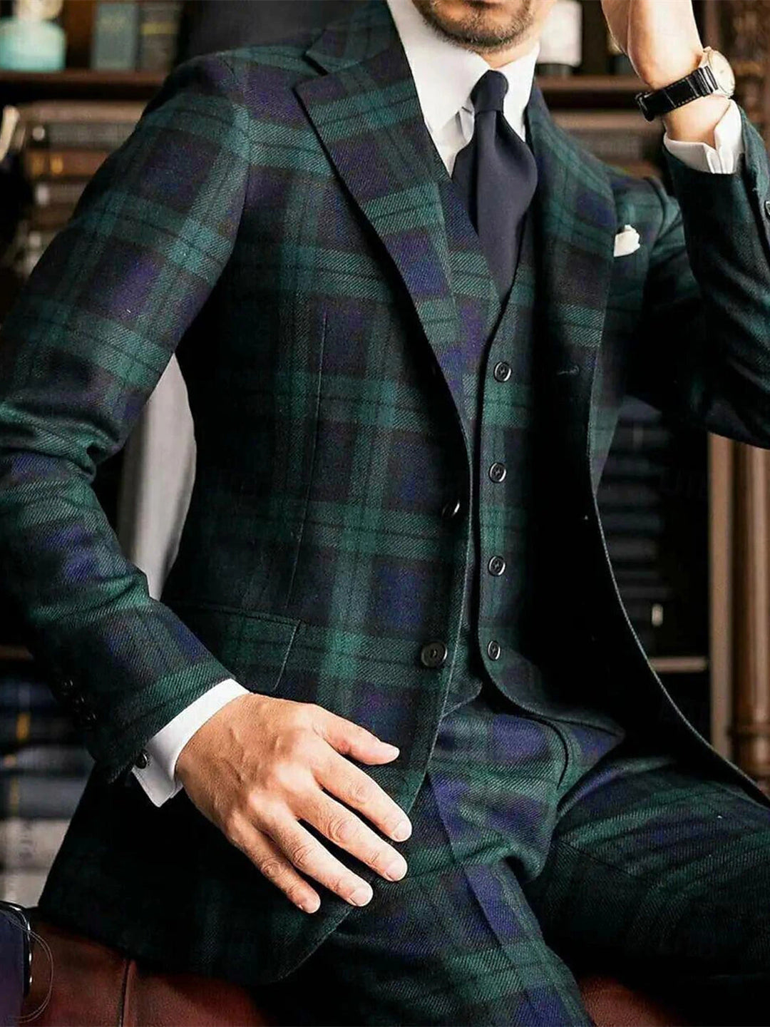 Men's 3-Piece Plaid Wedding Suit in dark green