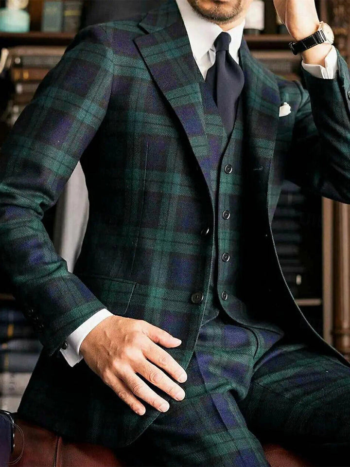 Men's 3-Piece Plaid Wedding Suit in dark green