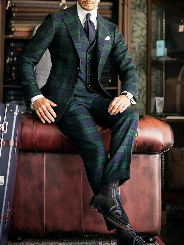 Men's 3-Piece Plaid Wedding Suit in dark green